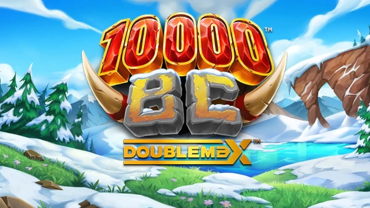 Isang visual na representasyon ng 10000 BC DoubleMax slot na nagpapakita ng mga mammoth at yelong tema.